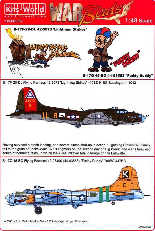 Kits World Decals 1/48 B17 FLYING FORTRESS Lightning Strike & Fuddy